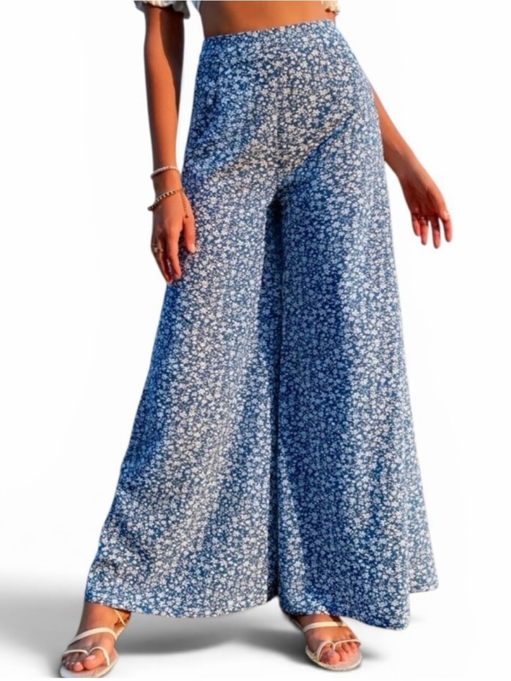 Luukse Wide-Leg Floral Pants blue and white side Zip size L